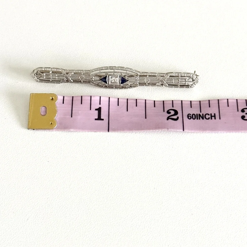 Antique 14K Solid White Gold Sapphire & Diamond Intricate Detail Bar Brooch Pin